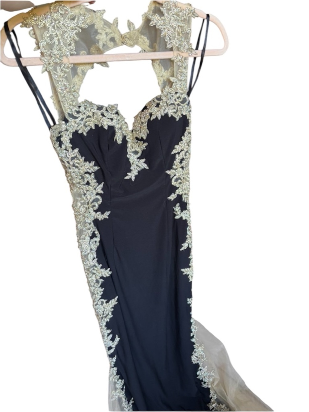Elegant Black Evening Gown with Gold Lace Appliqué
